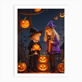 Children With Halloween Pumpkins 2 Art Print