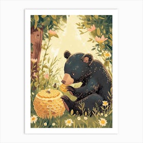 American Black Bear Cub Playing With A Beehive Storybook Illustration 2 Art Print