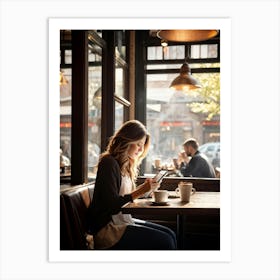 Modern Woman Engrossed In Her Tablet While Seated At A Rustic Wooden Table Inside A Bustling Urban C (3) Art Print