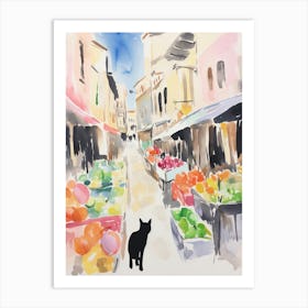 Food Market With Cats In Mallorca 2 Watercolour Art Print