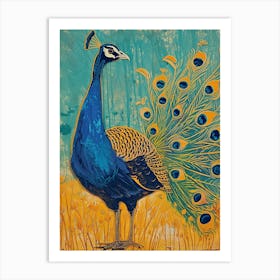 Blue Mustard Peacock In The Grass Linocut Inspired 3 Art Print