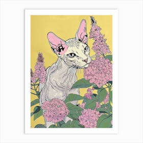 Cute Cornish Rex Cat With Flowers Illustration 3 Art Print
