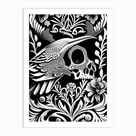 Skull With Bird Motifs Black And White Linocut Art Print