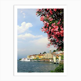 View Of Town Of Bellagio With Lake Como And Flowers In Foreground Art Print