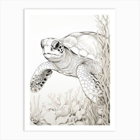 Simple Black & White Line Drawing Of Sea Turtle Behind Seagrass Art Print