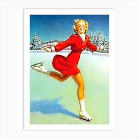 Pinup Ice Skating Girl In Red Dress Art Print