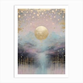 Wabi Sabi Dreams Collection 5 - Japanese Minimalism Abstract Moon Stars Mountains and Trees in Pale Neutral Pastels And Gold Leaf - Soul Scapes Nursery Baby Child or Meditation Room Tranquil Paintings For Serenity and Calm in Your Home Art Print
