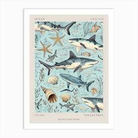 Pastel Blue Blacktip Reef Shark Watercolour Seascape Pattern 2 Poster Art Print