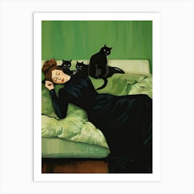 Decadent Young Woman After The Dance With Black Cats Art Print