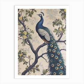 Vintage Peacock In A Tree Floral Wallpaper 2 Art Print