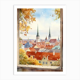 Window View Of Tallinn Estonia In Autumn Fall, Watercolour 4 Art Print
