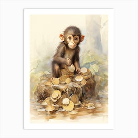 Monkey Painting Collecting Coins Watercolour 3 Art Print