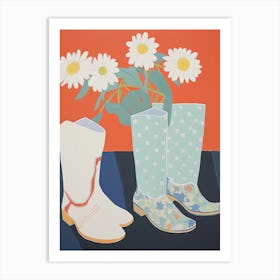 A Painting Of Cowboy Boots With Daisies Flowers, Pop Art Style 1 Art Print