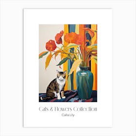 Cats & Flowers Collection Calla Lily Flower Vase And A Cat, A Painting In The Style Of Matisse 0 Art Print