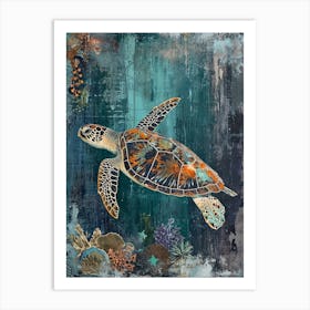 Blue Sea Turtle Exploring The Ocean Collage 2 Art Print