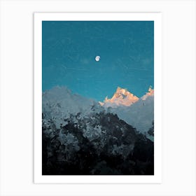 Moon And Snowy Mountains Sunset Oil Painting Landscape Art Print