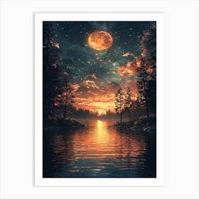 Full Moon Over The Lake Art Print