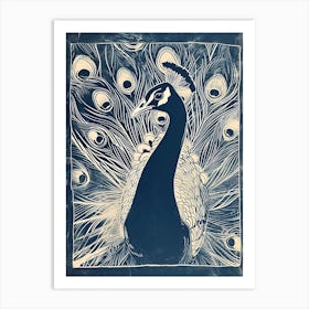 Linocut Inspired Peacock Rectangle Border Art Print