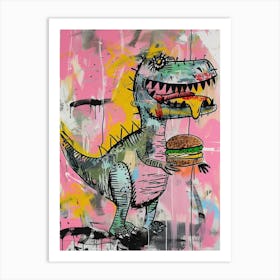 Dinosaur Eating A Hamburger Pink Blue Graffiti Style 1 Art Print
