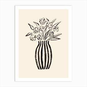 Stripes Flower Vase Floral Still Life Illustration - Black and White Art Print