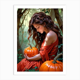 Girl With Pumpkins Art Print