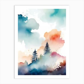 Watercolor Of Trees And Clouds Art Print