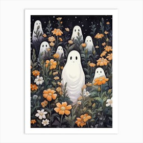 Cute Bedsheet Ghost, Botanical Halloween Watercolour 50 Art Print