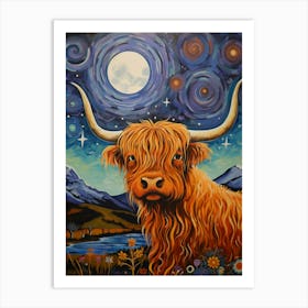 Wavy Line Highland Cow At Night Illustration 4 Art Print