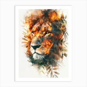 Double Exposure Realistic Lion With Jungle 31 Art Print