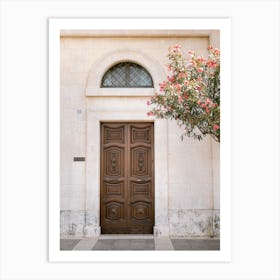Brown Italian door pink flowers | Summer in Ostuni | Italy Art Print