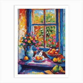 Matisse Inspired Window With Cat Looking at Fruit Bowl Floral Abstract Impressionism Aesthetic Art for Feature Wall - Vibrant Colorful High Resolution Art Print