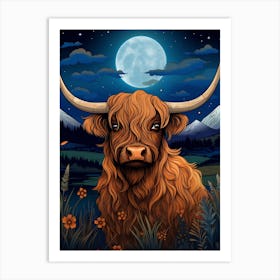 Wavy Line Highland Cow At Night Illustration 3 Art Print
