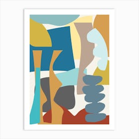 Modern Abstract Geometric Collage in Teal Blue and Earthy Neutrals Art Print