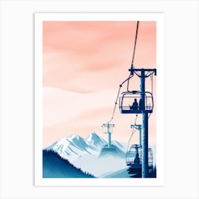 Silhouette Ski Chair Lift Pink Sky Evening High Piste Misaligned Poster