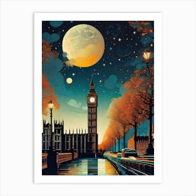 Moon Over Big Ben ~ London England Travel Adventure Visionary Wall Decor Futuristic Sci-Fi Trippy Surrealism Modern Digital Psychedelic Cubic Fantasy Art Full Moons Stars Mandala Spiritual Fractals Space Anglophobe Vibrant Art Print