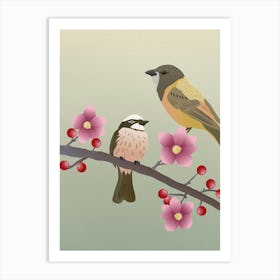 Two Birds Perched On A Branch Art Print