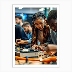 Two Teenagers, An African American Boy And Girl, Working On Electronics At A Table In A Classroom Or Workshop Art Print