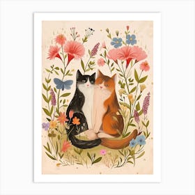 Folksy Floral Animal Drawing Cat 10 Art Print