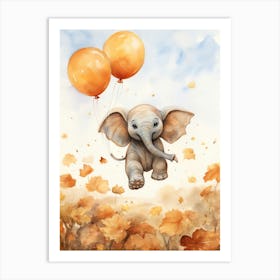 Elephant Flying With Autumn Fall Pumpkins And Balloons Watercolour Nursery 6 Art Print