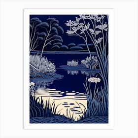 Pond Waterscape Linocut 1 Art Print