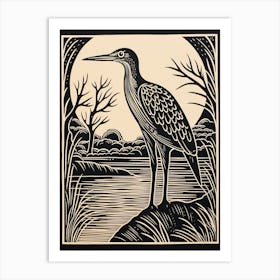 B&W Bird Linocut Green Heron 3 Art Print