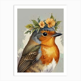 Robin With Flower Crown Style Watercolor Art Print