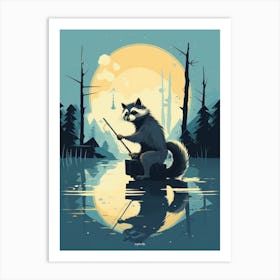 Raccoon Fishing By A River Illustration  Art Print