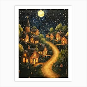 Village At Night With Stars and Moon In The Sky Art Print