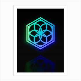 Neon Blue and Green Abstract Geometric Glyph on Black n.0390 Art Print