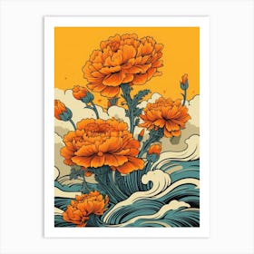 Great Wave With Marigold Flower Drawing In The Style Of Ukiyo E 2 Art Print