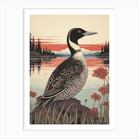 Vintage Bird Linocut Loon 4 Art Print