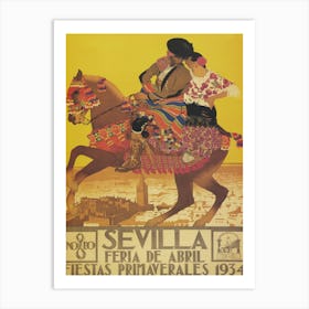 Sevilla Spain Fiesta De April, Man and Woman Riding Horse, Vintage Travel Poster Art Print