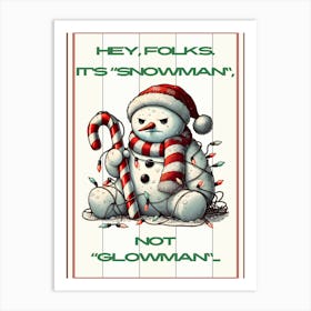 Christmas Lights Snowman White Art Print