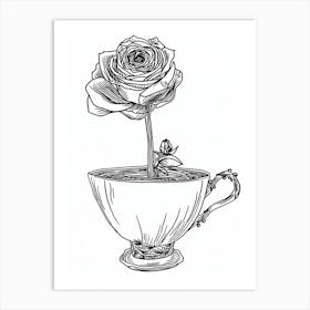 Rose In A Tea Cup Line Drawing 2 Art Print